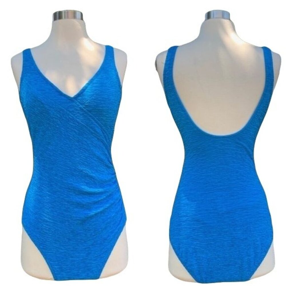 Vintage Blue Textured One Piece Swimsuit Size Small Vintage 12 Ruching Bikini